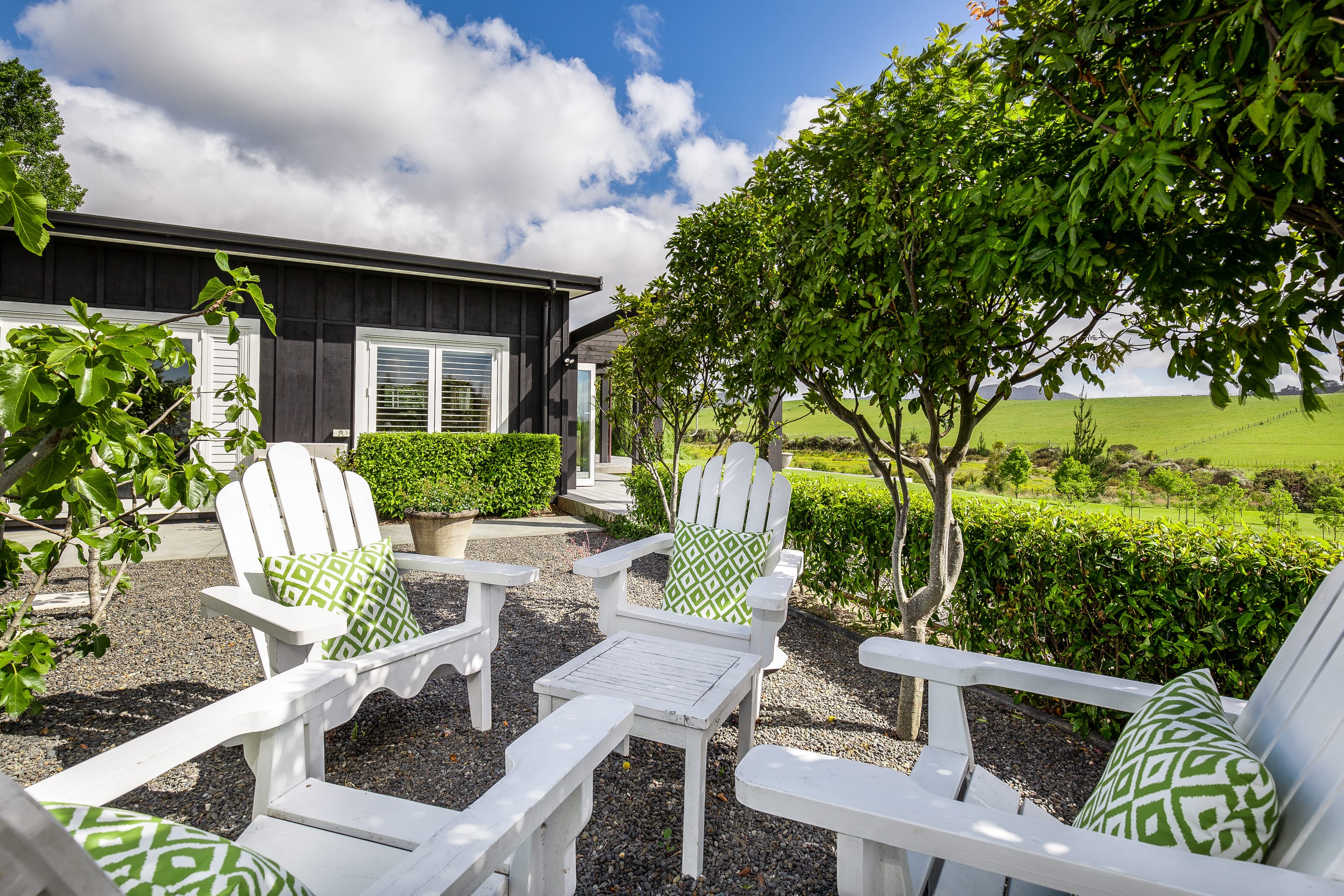 Outdoor seating, cape cod chairs, garden design