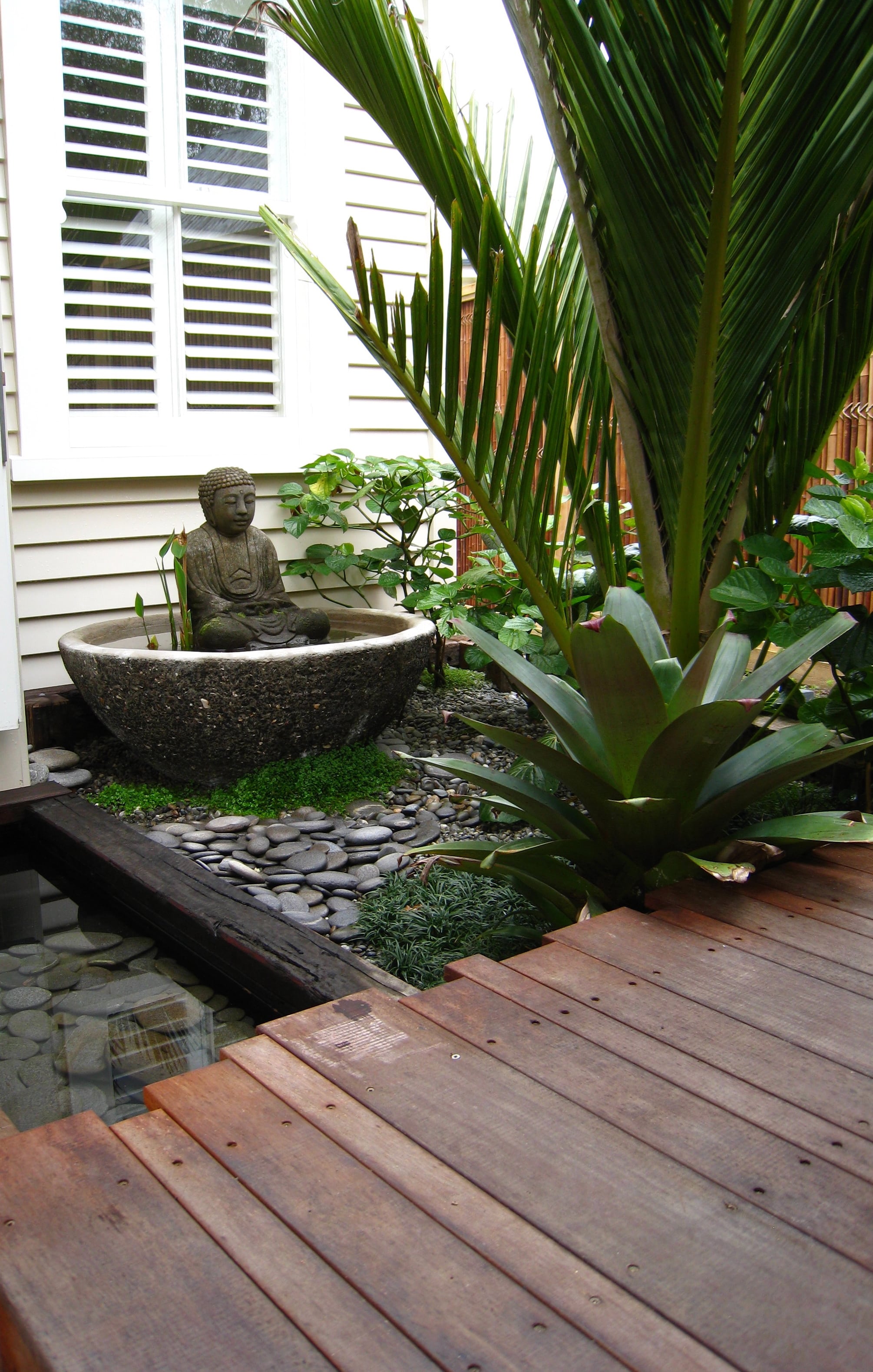 Buddha and bowl, Nikau palm, landscape design
